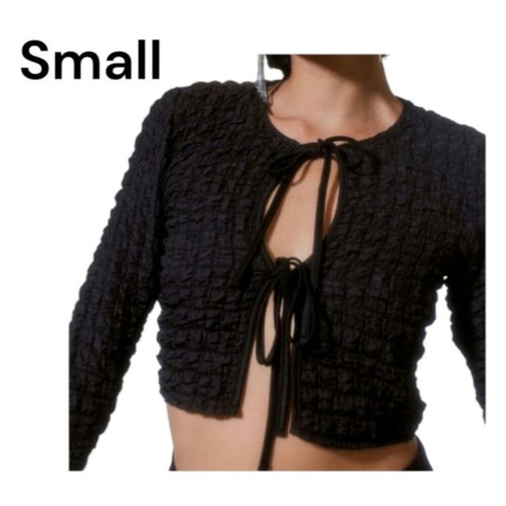 Small UO Urban Outfitters black puffy popcorn bubble texture cardigan sweater
